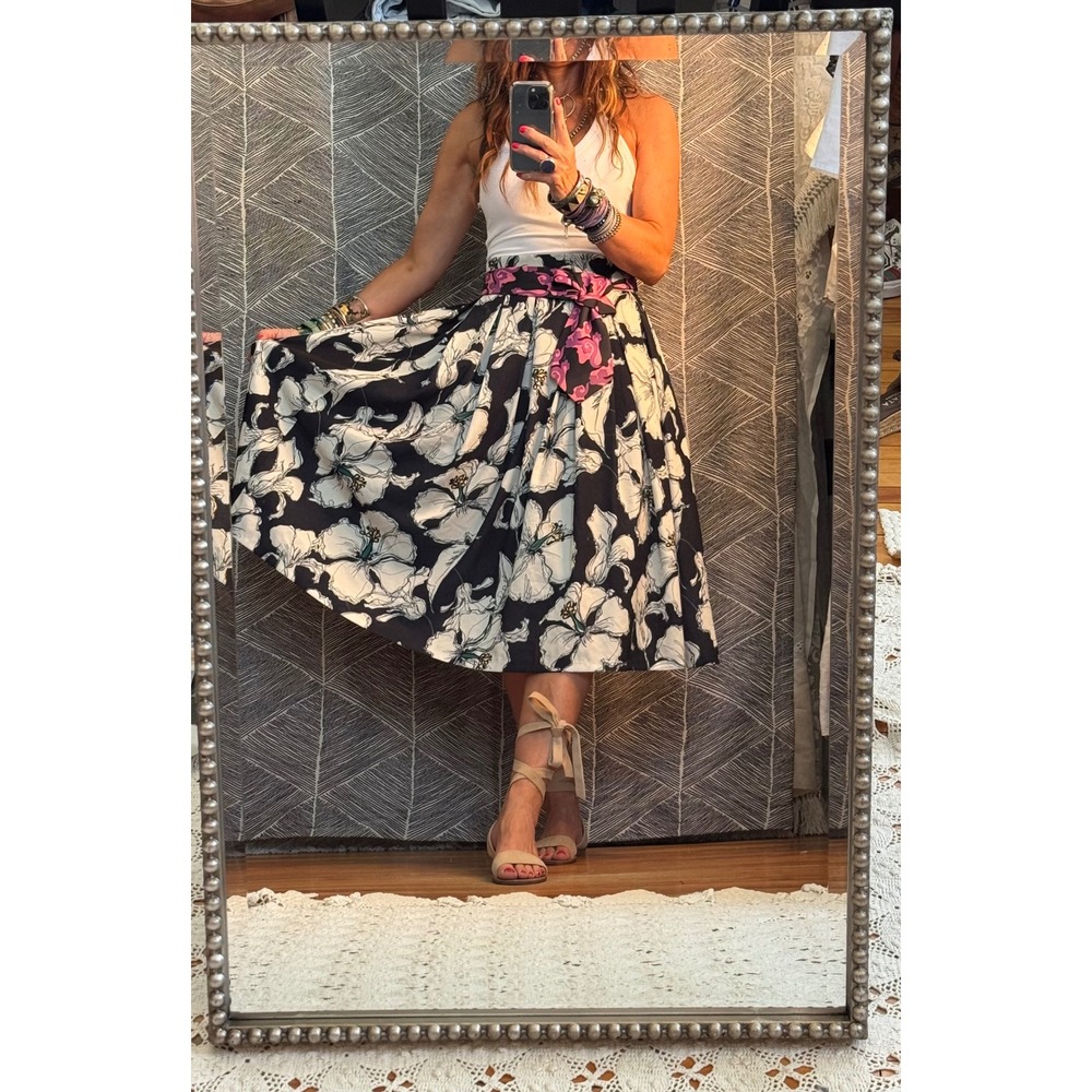 Korean Designer Floral Print High Waisted Midi‎ Skirt Sz S/M